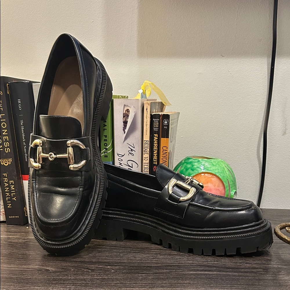 Black Leather Loafers with Gold Buckle